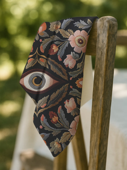Set of four square black polyester cloth napkins featuring a central embroidered-style eye motif framed by floral and leaf patterns in autumnal tones of rust, ochre, and gold. The design is printed on one side, with a white reverse. Each napkin measures 18x18 inches.